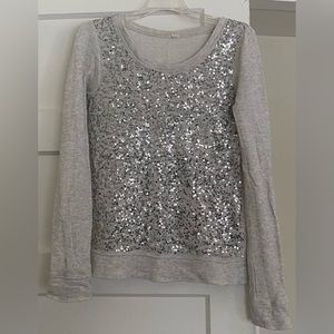 J. Crew Long Sleeve Cotton Gray Silver Sequin Top Shirt XS Extra Small